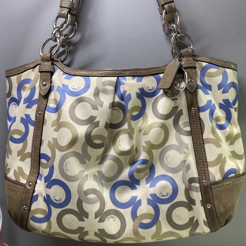COACH ALEXANDRA CHAIN LINK CLOVER SIGNATURE C SHOULDER BAG- Tan&blue Needs Clean - Picture 5 of 16